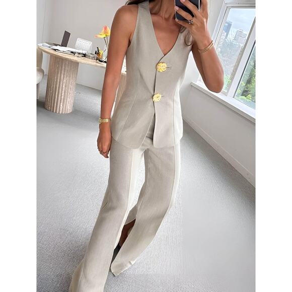 Commense Elegant Old Money Minimalist Gold Button Vest Pants Set Gray L - Picture 1 of 10